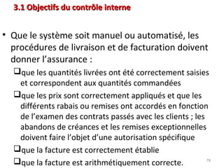 3.1 Objectifs du contrôle interne3.1 Objectifs du contrôle interne
• Que le système soit manuel ou automatisé, les
procédures de livraison et de facturation doivent
donner l’assurance :
que les quantités livrées ont été correctement saisies
et correspondent aux quantités commandées
que les prix sont correctement appliqués et que les
différents rabais ou remises ont accordés en fonction
de l’examen des contrats passés avec les clients ; les
abandons de créances et les remises exceptionnelles
doivent faire l’objet d’une autorisation spécifique
que la facture est correctement établie
que la facture est arithmétiquement correcte. 78
 