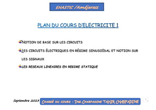 Septembre 2023 2
Notion de base sur les circuits
Les circuits électriques en régime sinusoïdal et notion sur
les signaux
LES RESEAUX LINEAIRES EN REGIME STATIQUE
 