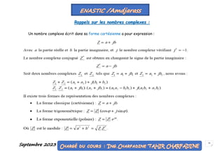 Septembre 2023 26
Rappels sur les nombres complexes :
Un nombre complexe écrit dans sa forme cartésienne a pour expression :
 
