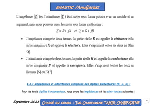 Septembre 2023 29
I.2.1.Impédances et admittances complexes des dipôles élémentaires (R, L, C) :
Pour les trois dipôles fondamentaux, nous avons les impédances et les admittances suivantes :
 