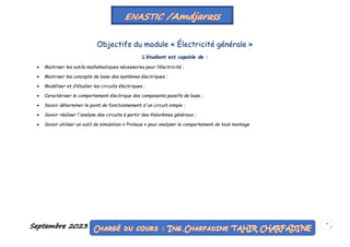 Septembre 2023 3
Objectifs du module « Électricité générale »
L’étudiant est capable de :
 Maitriser les outils mathématiques nécessaires pour l’électricité ;
 Maitriser les concepts de base des systèmes électriques ;
 Modéliser et d’étudier les circuits électriques ;
 Caractériser le comportement électrique des composants passifs de base ;
 Savoir déterminer le point de fonctionnement d'un circuit simple ;
 Savoir réaliser l'analyse des circuits à partir des théorèmes généraux ;
 Savoir utiliser un outil de simulation « Proteus » pour analyser le comportement de tout montage
 