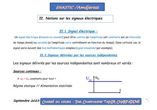 Septembre 2023 33
II.1.Signal électrique :
Un signal électrique (tension ou courant) peut être continu (si l’amplitude est constante sur un intervalle
de temps donné) ou variable (si l’amplitude varie continûment en fonction du temps). Dans certains cas, le
signal varie suivant des lois mathématiques simples (signal sinusoïdal par exemple).
II.2.Signaux délivrées par les sources indépendantes
Les signaux délivrés par les sources indépendantes sont nombreux et variés :
Sources continues :
 u0 = Um constante pour tout t
Régime statique // Alimentation stabilisée
II. Notions sur les signaux électriques
 