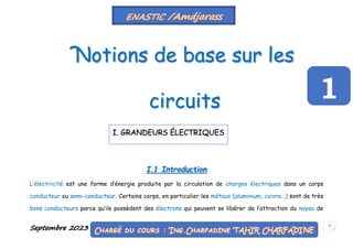 Septembre 2023 4
Notions de base sur les
circuits
I.1 Introduction
L’électricité est une forme d’énergie produite par la circulation de charges électriques dans un corps
conducteur ou semi-conducteur. Certains corps, en particulier les métaux (aluminium, cuivre...) sont de très
bons conducteurs parce qu’ils possèdent des électrons qui peuvent se libérer de l’attraction du noyau de
1
I. GRANDEURS ÉLECTRIQUES
 