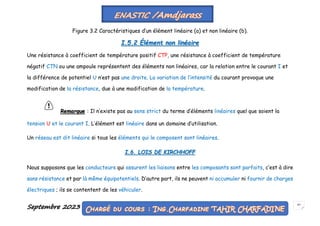 Septembre 2023 43
Figure 3.2 Caractéristiques d’un élément linéaire (a) et non linéaire (b).
I.5.2 Élément non linéaire
Une résistance à coefficient de température positif CTP, une résistance à coefficient de température
négatif CTN ou une ampoule représentent des éléments non linéaires, car la relation entre le courant I et
la différence de potentiel U n’est pas une droite. La variation de l’intensité du courant provoque une
modification de la résistance, due à une modification de la température.
Remarque : Il n’existe pas au sens strict du terme d’éléments linéaires quel que soient la
tension U et le courant I. L’élément est linéaire dans un domaine d’utilisation.
Un réseau est dit linéaire si tous les éléments qui le composent sont linéaires.
I.6. LOIS DE KIRCHHOFF
Nous supposons que les conducteurs qui assurent les liaisons entre les composants sont parfaits, c’est à dire
sans résistance et par là même équipotentiels. D’autre part, ils ne peuvent ni accumuler ni fournir de charges
électriques ; ils se contentent de les véhiculer.
 