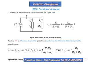 Septembre 2023 57
III.2. Pont diviseur de courant
Le schéma d’un pont diviseur de courant est donné à la figure 3.10
Figure 3.10 Schéma du pont diviseur de courant.
Appelons «U» la différence de potentiel qui se trouve aux bornes des différents éléments en parallèle,
nous obtenons :
 