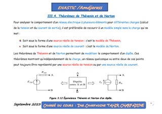 Septembre 2023 61
III.4. Théorèmes de Thévenin et de Norton
Pour analyser le comportement d’un réseau électrique à plusieurs éléments pour différentes charges (calcul
de la tension et du courant de sortie), il est préférable de recourir à un modèle simple sans la charge qui se
met :
Soit sous la forme d’une source réelle de tension : c’est le modèle de Thévenin,
Soit sous la forme d’une source réelle de courant : c’est le modèle de Norton.
Les théorèmes de Thévenin et de Norton permettent de modéliser le comportement d’un dipôle. Ces
théorèmes montrent qu’indépendamment de la charge, un réseau quelconque vu entre deux de ces points
peut toujours être représenté par une source réelle de tension ou par une source réelle de courant.
Figure 3.12 Équivalence Thévenin et Norton d’un dipôle.
 