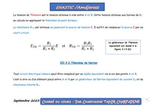 Septembre 2023 63
La tension de Thévenin est la tension obtenue à vide entre A et B. Cette tension obtenue aux bornes de R2
se calcule en appliquant le théorème du pont diviseur.
La résistance RTH est obtenue en passivant la source de tension E. Il suffit de remplacer la source E par un
court-circuit.
III.4.2.Théorème de Norton
Tout circuit électrique linéaire peut être remplacé par un dipôle équivalent vis-à-vis des points A et B,
c’est-à-dire vu d’un élément placé entre A et B par un générateur de Norton équivalent de courant IN et de
résistance interne RN.
Le générateur de Thévenin
équivalent est donné à la
figure 3.13 (b).
 
