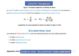Septembre 2023 65
Figure 3.14 Exemple d’application du théorème de Norton.
Le courant IN est le courant obtenu en court-circuitant la résistance R2. La résistance RN est obtenue en
passivant la source de tension E. Il suffit de remplacer la source E par un court-circuit.
Le générateur de courant équivalent de Norton est donné à la figure 3.14 (b).
III.4.3.Dualité Thévenin – Norton
Les schémas de Thévenin et de Norton sont des schémas équivalents, les deux dipôles présentent :
 la même tension à vide,
 le même courant de court-circuit,
 la même résistance interne.
 