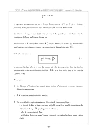 PHY 235    2ème partie : MAGNETOSTATIQUE, MAGNETODYNAMIQUE & INDUCTION      (responsable UE : H. Cercellier)



                                                              ,



le signe plus correspondant au cas où le sens de parcours de                   est direct (         toujours
croissant), et le signe moins au cas où il est rétrograde (       toujours décroissant).


Le théorème d’Ampère (non établi ici) qui permet de généraliser ce résultat à des fils
conducteurs de forme quelconque, énonce que :


La circulation de      le long d’un contour        orienté et fermé, est égale à            fois la somme

algébrique des intensités des courants traversant toute surface délimitée par               .


Il s’écrit donc comme :

                                                                                                       3.3.1.



en adoptant le signe plus si le sens du courant est celui de progression d’un tire bouchon
tournant dans le sens arbitrairement choisi sur           , et le signe moins dans le cas contraire
(figure 3.3.1.b).


Remarques :


1. Le théorème d’Ampère n’est valable qu’en régime d’écoulement permanent (courants
     d’intensités constantes).


2.         est souvent appelé contour d’Ampère.


3. Il y a, en définitive, trois méthodes pour déterminer le champ magnétique :
         - la formule de Biot et Savart, qui n’est utilisable que s’il est possible d’additionner les

         éléments de champ         qu’elle permet de calculer ;
         - la loi de conservation du flux ;
         - le théorème d’Ampère, lorsqu’on peut calculer la circulation du champ sur un contour
         choisi.



                                                 123
 