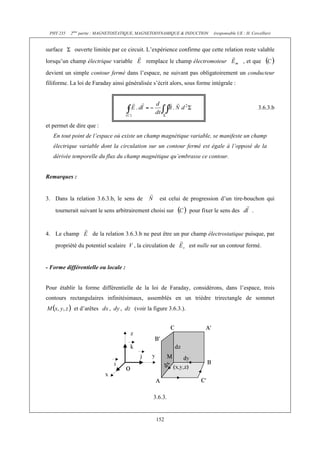 PHY 235   2ème partie : MAGNETOSTATIQUE, MAGNETODYNAMIQUE & INDUCTION      (responsable UE : H. Cercellier)


surface     ouverte limitée par ce circuit. L’expérience confirme que cette relation reste valable
lorsqu’un champ électrique variable         remplace le champ électromoteur                 , et que
devient un simple contour fermé dans l’espace, ne suivant pas obligatoirement un conducteur
filiforme. La loi de Faraday ainsi généralisée s’écrit alors, sous forme intégrale :



                                                                                                     3.6.3.b


et permet de dire que :
   En tout point de l’espace où existe un champ magnétique variable, se manifeste un champ
   électrique variable dont la circulation sur un contour fermé est égale à l’opposé de la
   dérivée temporelle du flux du champ magnétique qu’embrasse ce contour.


Remarques :


3. Dans la relation 3.6.3.b, le sens de           est celui de progression d’un tire-bouchon qui

    tournerait suivant le sens arbitrairement choisi sur          pour fixer le sens des         .


4. Le champ         de la relation 3.6.3.b ne peut être un pur champ électrostatique puisque, par
    propriété du potentiel scalaire V , la circulation de         est nulle sur un contour fermé.


- Forme différentielle ou locale :


Pour établir la forme différentielle de la loi de Faraday, considérons, dans l’espace, trois
contours rectangulaires infinitésimaux, assemblés en un trièdre trirectangle de sommet
            et d’arêtes                (voir la figure 3.6.3.).




                                               3.6.3.


                                                 152
 