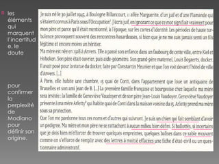 les
éléments
qui
marquent
l’incertitud
e, le
doute
pour
confirmer
la
perplexité
de
Modiano
pour
définir son
origine.
 