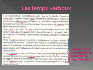 présent : celui
de l’écrivain en
train d’écrire
(l’énonciation)
 