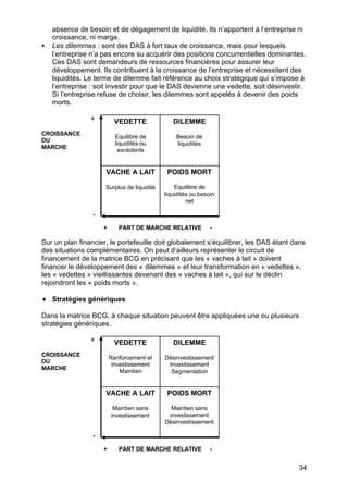 absence de besoin et de dégagement de liquidité. Ils n’apportent à l’entreprise ni
    croissance, ni marge.
•   Les dilemmes : sont des DAS à fort taux de croissance, mais pour lesquels
    l’entreprise n’a pas encore su acquérir des positions concurrentielles dominantes.
    Ces DAS sont demandeurs de ressources financières pour assurer leur
    développement. Ils contribuent à la croissance de l’entreprise et nécessitent des
    liquidités. Le terme de dilemme fait référence au choix stratégique qui s’impose à
    l’entreprise : soit investir pour que le DAS devienne une vedette, soit désinvestir.
    Si l’entreprise refuse de choisir, les dilemmes sont appelés à devenir des poids
    morts.

                +         VEDETTE              DILEMME
CROISSANCE
                           Equilibre de         Besoin de
DU
                           liquidités ou        liquidités
MARCHE
                             excédents


                     VACHE A LAIT            POIDS MORT

                     Surplus de liquidité       Equilibre de
                                            liquidités ou besoin
                                                     net

                 -

                     +      PART DE MARCHE RELATIVE           -

Sur un plan financier, le portefeuille doit globalement s’équilibrer, les DAS étant dans
des situations complémentaires. On peut d’ailleurs représenter le circuit de
financement de la matrice BCG en précisant que les « vaches à lait » doivent
financer le développement des « dilemmes » et leur transformation en « vedettes »,
les « vedettes » vieillissantes devenant des « vaches à lait », qui sur le déclin
rejoindront les « poids morts ».

♦ Stratégies génériques

Dans la matrice BCG, à chaque situation peuvent être appliquées une ou plusieurs
stratégies génériques.

                +         VEDETTE              DILEMME
CROISSANCE
                         Renforcement et    Désinvestissement
DU
                          investissement     Investissement
MARCHE
                             Maintien         Segmentation


                     VACHE A LAIT            POIDS MORT

                          Maintien sans       Maintien sans
                         investissement      investissement
                                            Désinvestissement

                 -

                     +      PART DE MARCHE RELATIVE           -


                                                                                     34
 
