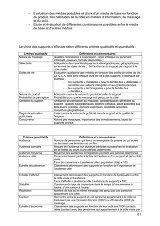 -   Evaluation des médias possibles et choix d’un média de base en fonction
              du produit, des habitudes de la cible en matière d’information, du message
              et du coût.
          -   Etude et évaluation de différentes combinaisons possibles entre le média
              de base et d’autres médias.




Le choix des supports s’effectue selon différents critères qualitatifs et quantitatifs :

   Critères qualitatifs                             Définitions et commentaires
Nature du message           Qualités nécessaires à l’expression : style artistique ou purement
                            informatif, couleurs, formats disponibles…
Sélectivité                 Adéquation des caractéristiques sociodémographiques, géographiques,
                            en termes de styles de vie… de l’audience du support par rapport à la
                            cible visée.
Styles de vie               Evaluation qualitative des médias en fonction des profils de styles de vie.
                            Le C.C.A. relie ainsi chaque style de vie à des supports. Il distingue par
                            exemple :
                                     - les supports « moralistes » pour la famille des « utilitaristes »
                                          sensibles aux valeurs intangibles et aux grands principes
                                     - les supports « de l’imaginaire » pour la famille des
                                          « décalés »
Nature du produit           Adéquation entre la nature du produit et celle du support
Probabilité de perception   Probabilité pour que le message soit perçu par la cible
Contexte du support         Ambiance de perception du message, caractéristiques générales su
                            support : qualités typographiques, doctrine politique, place accordée aux
                            faits divers, prestige, opinions exprimées, crédibilité accordée,
                            couverture géographique.
Degré de saturation         Liaison entre le volume de publicité dans le support et la qualité de
publicitaire                l’espace
Concurrents                 Nature des messages, importance des investissements, types de
                            supports choisis.




  Critères quantitatifs                            Définitions et commentaires
Audience                    Nombre de personnes qui lisent un exemplaire de presse ou qui voient
                            ou écoutent une émission ou un film.
Audience cumulée            Mesure de l’audience sur plusieurs périodes successives et évaluation
                            de la fidélité au cours d’une période déterminée.
Audience moyenne            Moyenne des audiences enregistrées pendant une période déterminée
Audience utile              Personnes faisant partie à la fois de l’audience d’un support et de la cible
                            visée.
                            Taux de couverture = ( audience utile / population cible) x 100
Echelle de puissance        Classement décroissant des supports en fonction de l’importance de
                            l’audience utile

Echelle d’affinité          Classement décroissant des supports en fonction de l’adéquation entre
                            la cible visée et l’audience
                            Taux d’affinité = (audience utile / audience du support) x 100
Stabilité                   Constance du taux de couverture dans le temps (d’une semaine à
                            l’autre, d’une saison à l’autre)
Répétition                  Nombre de fois où le même message est perçu par une personne
                            appartenant à la cible.
Contact                     Rencontre entre le support et une personne appartenant à la cible se
                            traduisant par une Occasion De Voir (ODV) ou d’Entendre (ODE) le
                            message.
Echelle d’économie          Classement des supports en fonction de leur coût aux 1000 contacts
                            utiles (contact avec des personnes qui appartiennent à la cible visée par
                                                                                                    61
 