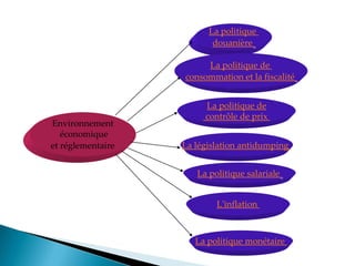 Environnement
économique
et réglementaire
La politique
douanière
La politique de
consommation et la fiscalité
La politique de
contrôle de prix
La législation antidumping
La politique salariale
L'inflation
La politique monétaire
 