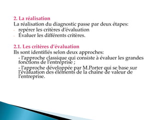 2. La réalisation
La réalisation du diagnostic passe par deux étapes:
- repérer les critères d évaluation
- Évaluer les différents critères.
. . Les critères d’évaluation
Ils sont identifiés selon deux approches:
- l approche classique qui consiste à évaluer les grandes
fonctions de l entreprise
- l approche développée par M.Porter qui se base sur
l évaluation des éléments de la chaîne de valeur de
l entreprise.
 