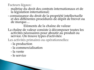Facteurs légaux:
- maîtrise du droit des contrats internationaux et de
la législation international;
- connaissance du droit de la propriété intellectuelle
et des différentes procédures de dépôt de brevet ou
de marque
Eléments de la chaîne de valeur
La chaîne de valeur consiste à décomposer toutes les
activités nécessaires pour aboutir au produit ou
service. On trouve types d activités
Les activités primaires ou opérationnelles:
- la production
- la commercialisation
- la vente
- le service
 