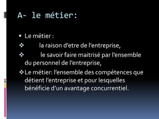 A- le métier:
 Le métier :
 la raison d’etre de l’entreprise,
 le savoir faire maitrisé par l’ensemble
du personnel de l’entreprise,
Le métier: l’ensemble des compétences que
détient l’entreprise et pour lesquelles
bénéficie d’un avantage concurrentiel.
 