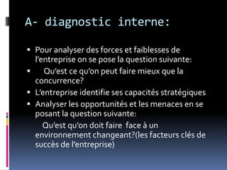A- diagnostic interne:
 Pour analyser des forces et faiblesses de
l’entreprise on se pose la question suivante:
 Qu’est ce qu’on peut faire mieux que la
concurrence?
 L’entreprise identifie ses capacités stratégiques
 Analyser les opportunités et les menaces en se
posant la question suivante:
Qu’est qu’on doit faire face à un
environnement changeant?(les facteurs clés de
succès de l’entreprise)
 