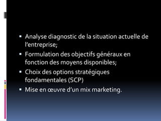  Analyse diagnostic de la situation actuelle de
l’entreprise;
 Formulation des objectifs généraux en
fonction des moyens disponibles;
 Choix des options stratégiques
fondamentales (SCP)
 Mise en œuvre d’un mix marketing.
 