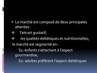  Le marché est composé de deux principales
attentes:
 l’attrait gustatif;
 les qualités diététiques et nutritionnelles;
le marché est segmenté en :
S1: enfants s’attachant à l’aspect
gourmandise;
S2: adultes préfèrent l’aspect diététiques
 