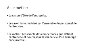 A- le métier:
• La raison d’être de l’entreprise,
• Le savoir faire maitrisé par l’ensemble du personnel de
l’entreprise,
• Le métier: l’ensemble des compétences que détient
l’entreprise et pour lesquelles bénéficie d’un avantage
concurrentiel.
 