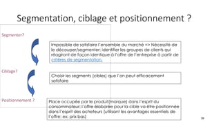 Segmentation, ciblage et positionnement ?
39
Segmenter?
Ciblage?
Positionnement ?
Impossible de satisfaire l’ensemble du marché => Nécessité de
le découper/segmenter: identifier les groupes de clients qui
réagiront de façon identique à l’offre de l’entreprise à partir de
critères de segmentation.
Place occupée par le produit(marque) dans l’esprit du
consommateur: l’offre élaborée pour la cible va être positionnée
dans l’esprit des acheteurs (utilisant les avantages essentiels de
l’offre: ex: prix bas)
Choisir les segments (cibles) que l’on peut efficacement
satisfaire
 