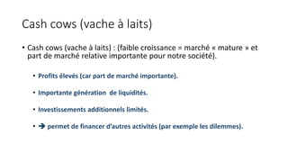 Cash cows (vache à laits)
• Cash cows (vache à laits) : (faible croissance = marché « mature » et
part de marché relative importante pour notre société).
• Profits élevés (car part de marché importante).
• Importante génération de liquidités.
• Investissements additionnels limités.
•  permet de financer d’autres activités (par exemple les dilemmes).
 