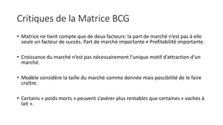 Critiques de la Matrice BCG
• Matrice ne tient compte que de deux facteurs: la part de marché n’est pas à elle
seule un facteur de succès. Part de marché importante ≠ Profitabilité importante.
• Croissance du marché n’est pas nécessairement l’unique motif d’attraction d’un
marché.
• Modèle considère la taille du marché comme donnée mais possibilité de le faire
croître.
• Certains « poids morts » peuvent s’avérer plus rentables que certaines « vaches à
lait ».
 