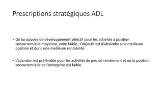 Prescriptions stratégiques ADL
• On lui oppose de développement sélectif pour les activités à position
concurrentielle moyenne, voire faible ; l’objectif est d’atteindre une meilleure
position et donc une meilleure rentabilité.
• L’abandon est préférable pour les activités de peu de rendement et où la position
concurrentielle de l’entreprise est faible.
 