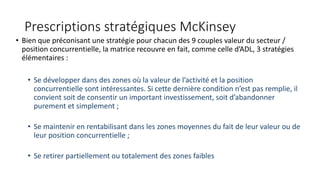 Prescriptions stratégiques McKinsey
• Bien que préconisant une stratégie pour chacun des 9 couples valeur du secteur /
position concurrentielle, la matrice recouvre en fait, comme celle d’ADL, 3 stratégies
élémentaires :
• Se développer dans des zones où la valeur de l’activité et la position
concurrentielle sont intéressantes. Si cette dernière condition n’est pas remplie, il
convient soit de consentir un important investissement, soit d’abandonner
purement et simplement ;
• Se maintenir en rentabilisant dans les zones moyennes du fait de leur valeur ou de
leur position concurrentielle ;
• Se retirer partiellement ou totalement des zones faibles
 