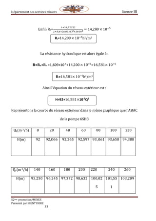 Département des services miniers licence III
52eme promotion/MINES
Présenté par BIENY DORE
33
Enfin Rr=
1+39,72252
2×9,8×(0,0336)2×36002
= 14,200 × 10−5
La résistance hydraulique est alors égale à :
R=Ra+Rr =1,609×10-5
+14,200 × 10−5
=16,581× 10−5
R=16,581× 10−5
h2/m5
Ainsi l’équation du réseau extérieur est :
Représentonsla courbedu réseau extérieur dansle mêmegraphique que l’ABAC
de la pompe 6SH8
Qp(m 3/h) 0 20 40 60 80 100 120
H(m) 92 92,O66 92,265 92,597 93 ,061 93,658 94,388
Qp(m 3/h) 140 160 180 200 220 240 260
H(m) 95,250 96,245 97,372 98,632 100,02
5
101,55
1
103,209
Rr=14,200 × 10−5
h2/m5
H=92+16,581×10-5
Q2
 