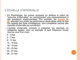 L’ÉCHELLE D’INTERVALLE
En Psychologie, les scores auxquels on attribue le statut de
"mesures d'intervalles" ne correspondent pas nécessairement à
des grandeurs expérimentales. Par exemple, les scores de
QI, associés aux profils de performance observables avec ce que
l'on appelle des tests d'intelligence, sont considérés comme des
mesures d'intervalle par convention.
 L'échelle d'intervalle consiste à présenter les données en
catégories égales, voici un exemple :À quel fréquence fumez
vous au cour d’un mois:
◻0 - 3 fois
◻4 - 7 fois
◻8 - 11 fois
◻12 - 15 fois
◻16 - 19 fois
◻20 - 23 fois
◻24 - 27 fois
◻28 - 31 fois


 