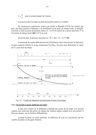 129
PL = -
n
pour le p.ieme à partir de l’amont.
La pression dans la rampe au point de position relative L est H(L).
De nombreuses expériences menées par Keller et Karineli (1974) ont montré que
pour une large gamme d’exposant x du distributeur et de perte de charge totale, la pression
moyenne se situe au point de position relative L = 0.39.En amont de ce point intervient 77 %
de la perte de charge totale AH et 23 % en aval.
En terrain plat, la pression moyenne est : = H(L = O) - 0.77 AH.
Connaissant la courbe débit-pression du distributeur choisi (fournie par le fabricant),
on peut aisément calculer q et qmin connaissant H et Hmin. On peut aussi déterminer la valeur
de CU pour toute la rampe.
-
n/2 P n - 3 n- 2 n-1 ri
I 1 1 , 1 l
l l
, l
1 I
1 1 2 3 4
1
n sd
c1
1 - 1 Îl
L = P/” L Z l
+PR:iSlON EN TETE DE RAMPE
I
1
l
0,77 A H
PRESSION MOYENNE H
1
-10)- H(L =1 )
Fis. 58 : Courbe de répartition des pressions le long d’une rampe
5.4.2. En terrain a pente uniforme ou variée.
II faut tenir compte de la différence d’altitude des points de la rampe. Les terrains
ondulés font intervenir des pertes de charge non linéaires (gains couplés avec des pertes) si
bien que chaque cas est à traiter différemment.
Lorsque la pente est assez uniforme, la différence de cote est caractérisée par des
courbes de pertes ou des gains linéaires.
 