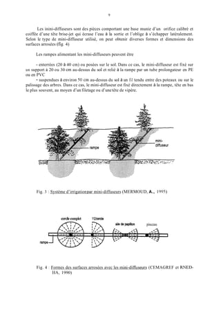 Les inini-diffuseurs sont des pièces comportant une base munie d’un orifice calibré et
coiffée d’une tête brise-jet qui écrase l’eau à la sortie et l’oblige à s’échapper latéralement.
Selon le type de mini-diffuseur utilisé, on peut obtenir diverses formes et dimensions des
surfaces arrosées (fig. 4)
Les rampes alimentant les mini-diffuseurs peuvent être
- enterrées (20 à 40 cm) ou posées sur le sol. Dans ce cas, le mini-diffuseur est fixé sur
un support à 20 ou 30 cm au-dessus du sol et relié à la rampe par un tube prolongateur en PE
ou en PVC
- suspendues à environ 50 cm au-dessus du sol à un fil tendu entre des poteaux ou sur le
palissage des arbres. Dans ce cas, le mini-diffuseur est fixé directement à la rampe, tête en bas
le plus souvent, au moyen d’un filetage ou d’unetête de vipère.
Fig. 3 : Système d’irrigationpar mini-diffuseurs (MERMOUD, A., 1995)
cerclecomplet 112cercle
pinceau
-Pe
Fig. 4 : Formes des surfaces arrosées avec les tnini-diffuseurs (CEMAGREF et RNED-
HA, 1990)
 