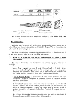 l I
petit
asperseur
en plein
l l
diffuseur ajutage micro asperseur
DISTRIBUTEUR gQ"zr(jet fixe) i (orifice calibre) 1 (Jet tournant)
APPORT par point en tache en ligne en grande tache
60 2150DEBIT (llh) l à 6 20 à 60 35 a 100
I
type goutie A goutte
type aspersion
0(1à piusieursapports par jouri
rn(1 B piusieursapports par semaine1
BOUCHAGE
sensible au bouchage
peu sensible au bouchage
CONDUITE
Fig. 7 : Débit d'eau en fonction de la technique appliquée (CEMAGREF et RNED-HA,
1990)
2 . 5 La qualité de l'eau
La qualité physico-chimique de l'eau détermine l'importance des risques de bouchage du
matériel d'arrosage et constitue un critère de choix de la technique. C'est un élément essentiel
de la réussite de la micro-irrigation.
Une analyse préalable de l'eau est indispensable pour apprécier les risques et définir les
moyens de prévention à mettre en œuvre pour éviter le colinatage.
2.51. Effets de la qualité de l'eau sur le fonctionnement du réseau : risques
d'obstruction
Les causes d'obstruction des distributeurs sont d'ordre physique, chimique ou
biologique.
- c(cuses d'ordre ahvsicrue : particules de sable, de limon ,d'argile ou de débris végétaux
en suspension dans l'eau ;les particules les plus grosses provoquent un bouchage quasi
instantané des distributeurs (sable) tandis que les particules les plus fines modifient
peu à peu le débit des distributeurs par un dépôt lent à l'intérieur de ceux-ci.
- causes d'ordre chimique : précipitations de sels dissous contenus dans l'eau
d'irrigation. L'analyse de l'eau permet de déterminer sa teneur en calcaire et d'évaluer
les risques d'obstruction.
Si l'eau est de type incrustante (teneur importante en calcaire), on peut soit utiliser le
système Bas-Rhône, soit utiliser des brise-jets anti-calcaires (cas des capillaires), soit
utiliser de l'acide nitrique diluée à 5/1000 que l'on fait séjourner dans les tuyauteries
pendant une nuit. On enlève ensuite les bouchons d'extrémité de rampe et on rince à
l'eau claire.
Les éléments chimiques à prendre également en compte sont le fer (développement de
bactéries ferrugineuses), l'hydrogène sulfuré et le manganèse.
 