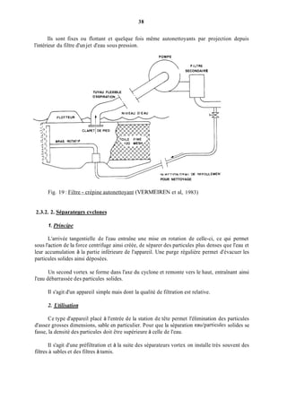 38
Ils sont fixes ou flottant et quelque fois même autonettoyants par projection depuis
l'intérieur du filtre d'un jet d'eau sous pression.
POMPE
SECONDAIRE
TUYAU FLEXIBLE
POUR NETTOYAGE
Fig. 19 : Filtre - crépine autonettoyant (VERMEIREN et al, 1983)
2.3.2. 2. SéDarateurs cvclones
1. Princiw
L'arrivée tangentielle de l'eau entraîne une mise en rotation de celle-ci, ce qui permet
sous l'action de la force centrifuge ainsi créée, de séparer des particules plus denses que l'eau et
leur accumulation à la partie inférieure de l'appareil. Une purge régulière permet d'évacuer les
particules solides ainsi déposées.
Un second vortex se forme dans l'axe du cyclone et remonte vers le haut, entraînant ainsi
l'eau débarrassée des particules solides.
Il s'agit d'un appareil simple mais dont la qualité de filtration est relative.
2. Utilisation
Ce type d'appareil placé à l'entrée de la station de tête permet l'élimination des particules
d'assez grosses dimensions, sable en particulier. Pour que la séparation eau/particules solides se
fasse, la densité des particules doit être supérieure à celle de l'eau.
Il s'agit d'une préfiltration et à la suite des séparateurs vortex on installe très souvent des
filtres à sables et des filtres à tamis.
 