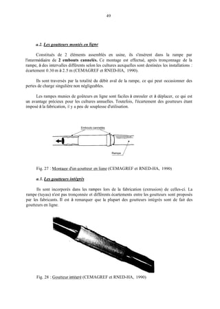 49
(1.2.Les goutteurs montés en lime
Constitués de 2 éléments assemblés en usine, ils s'insèrent dans la rampe par
l'intermédiaire de 2 embouts cannelés. Ce montage est effectué, après tronçonnage de la
rampe, à des intervalles différents selon les cultures auxquelles sont destinées les installations :
écartement 0.30 in à 2.5 m (CEMAGREF et RNED-HA, 1990).
Ils sont traversés par la totalité du débit aval de la rampe, ce qui peut occasionner des
pertes de charge singulière non négligeables.
Les rampes munies de goûteurs en ligne sont faciles à enrouler et à déplacer, ce qui est
un avantage précieux pour les cultures annuelles. Toutefois, l'écartement des goutteurs étant
imposé à la fabrication, il y a peu de souplesse d'utilisation.
Embouts cannelés
-
Rampe 1
Fig. 27 : Montage- d'un goutteur en liane (CEMAGREF et RNED-HA, 1990)
a3. Les goutteurs intézrés
Ils sont incorporés dans les rampes lors de la fabrication (extrusion) de celles-ci. La
rampe (tuyau) n'est pas tronçonnée et différents écartements entre les goutteurs sont proposés
par les fabricants. Il est à remarquer que la plupart des goutteurs intégrés sont de fait des
goutteurs en ligne.
Fig. 28 : Goutteur intégré (CEMAGREF et RNED-HA, 1990)
 