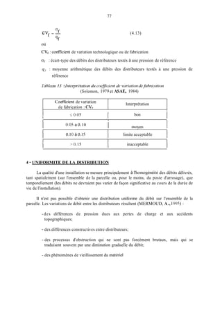 Of
9f
cv - -
f - -
77
(4.13)
CVI : coefficient de variation technologique ou de fabrication
of : écart-type des débits des distributeurs testés à une pression de référence
qr : moyenne arithmétique des débits des distributeurs testés à une pression de
référence
Tahkeau 13 :Inîerprkfationdu co@cierit de variation de.juhrrcation
(Solomon, 1979 et ASAE, 1984)
InterprétationCoefficient de variation
de fabrication : CV,-
1bon
lIO.05
1
l i moyen
0.05 a o.10
l
l o.10 à o.1s 1 limite acceptable 1
l I> 0.15 inacceptable
l
4 - UNIFORMITE DE LA DISTRIBUTION
La qualité d'une installation se mesure principalement à l'homogénéité des débits délivrés,
tant spatialeinent (sur l'ensemble de la parcelle ou, pour le moins, du poste d'arrosage), que
temporellement (les débits ne devraient pas varier de façon significative au cours de la durée de
vie de l'installation).
Il n'est pas possible d'obtenir une distribution uniforme du débit sur l'ensemble de la
parcelle. Les variations de débit entre les distributeurs résultent (MERMOUD, A., 1995) :
-des différences de pression dues aux pertes de charge et aux accidents
topographiques;
- des différences constructives entre distributeurs;
- des processus d'obstruction qui ne sont pas forcément brutaux, mais qui se
traduisent souvent par une diminution graduelle du débit;
- des phénomènes de vieillissement du matériel
 