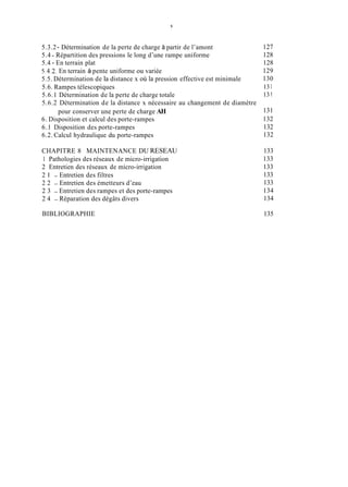 V
5.3.2- Détermination de la perte de charge à partir de l’amont
5.4 - Répartition des pressions le long d’une rampe uniforme
5.4 - En terrain plat
5.4.2.En terrain à pente uniforme ou variée
5.5. Détermination de la distance x où la pression effective est minimale
5.6. Rampes télescopiques
5.6.1 Détermination de la perte de charge totale
5.6.2 Détermination de la distance x nécessaire au changement de diamètre
6. Disposition et calcul des porte-rampes
6.1 Disposition des porte-rampes
6.2. Calcul hydraulique du porte-rampes
pour conserver une perte de charge AH
CHAPITRE 8 MAINTENANCE DU RESEAU
1 Pathologies des réseaux de micro-irrigation
2 Entretien des réseaux de micro-irrigation
2 1 - Entretien des filtres
2 2 - Entretien des émetteurs d’eau
2 3 - Entretien des rampes et des porte-rampes
2 4 - Réparation des dégâts divers
127
128
128
129
130
131
131
131
132
132
132
133
133
133
133
133
134
134
BIBLIOGRAPHIE 135
 