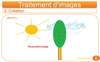 Traitement d’images1. Définition :Le logiciel de traitement de texte est un logiciel qui permet de dessiner, colorer, importer et animer des images. Exemple : Paint, Photoshop, Paint Shop Pro3Chourabi ynes
