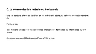 C. La communication latérale ou horizontale
Elle se déroule entre les salariés et les différents secteurs, services ou départements
de
l’entreprise.
Les moyens utilisés sont les rencontres interservices formelles ou informelles ou tout
autre
échange sans considération manifeste d’hiérarchie.
 