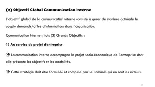 (2) Objectif Global Communication interne
L’objectif global de la communication interne consiste à gérer de manière optimale le
couple demande/offre d’informations dans l’organisation.
Communication interne : trois (3) Grands Objectifs :
1) Au service du projet d’entreprise
 La communication interne accompagne le projet socio-économique de l’entreprise dont
elle présente les objectifs et les modalités.
 Cette stratégie doit être formulée et comprise par les salariés qui en sont les acteurs.
39
 