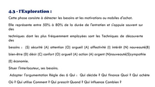 4.3 - l'Exploration :
Cette phase consiste à détecter les besoins et les motivations ou mobiles d'achat.
Elle représente entre 50% à 80% de la durée de l'entretien et s'appuie souvent sur
des
techniques dont les plus fréquemment employées sont les Techniques de découverte
des
besoins : (S) sécurité (A) attention (O) orgueil (A) affectivité (I) intérêt (N) nouveauté(B)
bien-être (D) désir (C) confort (O) orgueil (A) action (A) argent (N)nouveauté(S)sympathie
(E) économie.
Situer l'interlocuteur, ses besoins.
Adapter l'argumentation Règle des 6 Qui : Qui décide ? Qui finance Quoi ? Qui achète
Où ? Qui utilise Comment ? Qui prescrit Quand ? Qui influence Combien ?
 