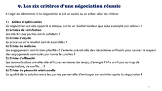 9. Les six critères d’une négociation réussie
Il s’agit de déterminer si la négociation a été un succès ou un échec selon six critères
1) Critère d’optimisation
La négociation a-t-elle apporté à chaque partie un résultat meilleur que celui escompté par ailleurs ?
2) Critères de satisfaction
Les intérêts des parties ont-ils satisfaits ?
3) Critère d’équité
Le processus et le résultat sont-ils équitables ?
4) Critère de réalisme
Les engagements sont-ils bien planifiés ? L’entente prévoit-elle des mécanismes suffisants pour assurer le respect
des engagements contractés par toutes les parties ?
5) Critère d’efficacité
Les communications ont-elles été efficaces en termes de temps, d’énergie ? N’y a-t-il pas eu trop de
manipulations, de conflits… ?
6) Critère de pérennité relationnelle
La qualité de la relation entre les parties permet-elle d’envisager son maintien après la négociation ?
78
 
