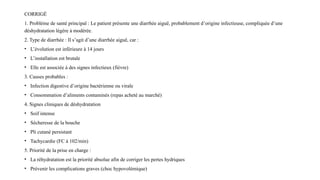 CORRIGÉ
1. Problème de santé principal : Le patient présente une diarrhée aiguë, probablement d’origine infectieuse, compliquée d’une
déshydratation légère à modérée.
2. Type de diarrhée : Il s’agit d’une diarrhée aiguë, car :
• L’évolution est inférieure à 14 jours
• L’installation est brutale
• Elle est associée à des signes infectieux (fièvre)
3. Causes probables :
• Infection digestive d’origine bactérienne ou virale
• Consommation d’aliments contaminés (repas acheté au marché)
4. Signes cliniques de déshydratation
• Soif intense
• Sécheresse de la bouche
• Pli cutané persistant
• Tachycardie (FC à 102/min)
5. Priorité de la prise en charge :
• La réhydratation est la priorité absolue afin de corriger les pertes hydriques
• Prévenir les complications graves (choc hypovolémique)
 