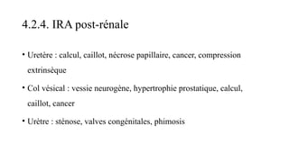 4.2.4. IRA post-rénale
• Uretère : calcul, caillot, nécrose papillaire, cancer, compression
extrinsèque
• Col vésical : vessie neurogène, hypertrophie prostatique, calcul,
caillot, cancer
• Urètre : sténose, valves congénitales, phimosis
 