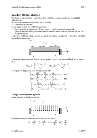 Méthode des déplacements simplifiés ISA 3
Cas d'un élément chargé :
On utilise la superposition : La solution d'un problème correspondant à une poutre [I-J]
sollicitée par :
 Des déplacements et rotations à ses extrémités.
 Une charge extérieure.
Est la superposition des problèmes suivants :
1. Poutre soumise seulement aux déplacements et rotations imposés aux nœuds.
2. Poutre à la quelle on impose des déplacements et rotations nuls aux nœuds sollicitée par la
charge extérieure.
Le premier problème est déjà connu, le second correspond à une poutre bi-encastrée sollicitée
par la charge extérieure.
I J
( )i jxf
i jx
i jy
La solution du problème est donnée par les actions exercées par les nœud I et L sur la poutre
[I-J]
{ } { }
Jji
ijjiijji
IJJ
Iij
ijijijij
IJI
zM
yVxN
F
zM
yVxN
F







 +
=







 +
= 0
00
][0
00
]/[
Les équations d'équilibre de la poutre deviennent :





+−++=
+−++=
0
2
0
2
)(
642
)(
624
jijiijjiijji
ijjiijjiijij
Mvv
L
EI
L
EI
L
EI
M
Mvv
L
EI
L
EI
L
EI
M
ωω
ωω
( )
( )




+−−+−=
+−++=
0
32
0
32
)(
126
)(
126
jijiijjiijji
ijjiijjiijij
Vvv
L
EI
L
EI
V
Vvv
L
EI
L
EI
V
ωω
ωω
Charge uniformément répartie.
Soit à résoudre le problème suivant :
I J
f
i jx
i jy
On peut résoudre ce problème par la méthode des forces :
121222
2
0
2
000 fL
M
fL
M
fL
V
fL
V jiijjiij =
−
=
−
=
−
=
C. La Borderie 27/11/08
 