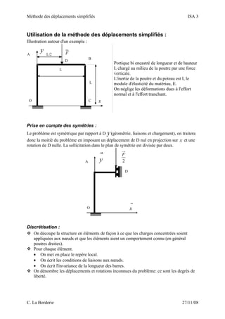 Méthode des déplacements simplifiés ISA 3
Utilisation de la méthode des déplacements simplifiés :
Illustration autour d'un exemple :
O
A
B
C
L
L
x
y FL/2
D
Portique bi encastré de longueur et de hauteur
L chargé au milieu de la poutre par une force
verticale.
L'inertie de la poutre et du poteau est I, le
module d'élasticité du matériau, E.
On néglige les déformations dues à l'effort
normal et à l'effort tranchant.
Prise en compte des symétries :
Le problème est symétrique par rapport à D y(géométrie, liaisons et chargement), on traitera
donc la moitié du problème en imposant un déplacement de D nul en projection sur x et une
rotation de D nulle. La sollicitation dans le plan de symétrie est divisée par deux.
O
A
D

x

y 2
F
Discrétisation :
 On découpe la structure en éléments de façon à ce que les charges concentrées soient
appliquées aux nœuds et que les éléments aient un comportement connu (en général
poutres droites).
 Pour chaque élément.
• On met en place le repère local.
• On écrit les conditions de liaisons aux nœuds.
• On écrit l'invariance de la longueur des barres.
 On dénombre les déplacements et rotations inconnues du problème: ce sont les degrés de
liberté.
C. La Borderie 27/11/08
 