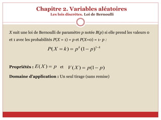 Chapitre 2. Variables aléatoires
Les lois discrètes. Loi de Bernoulli
X suit une loi de Bernoulli de paramètre p notée B(p) si elle prend les valeurs 0
et 1 avec les probabilités P(X = 1) = p et P(X=0) = 1- p :
Propriétés : et
Domaine d’application : Un seul tirage (sans remise)
k
k
p
p
k
X
P 


 1
)
1
(
)
(
p
X
E 
)
( )
1
(
)
( p
p
X
V 

 